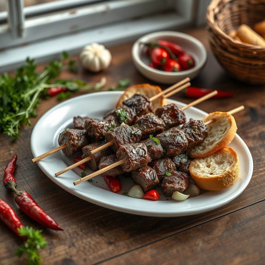 Beef Skewers with Baguette Slices