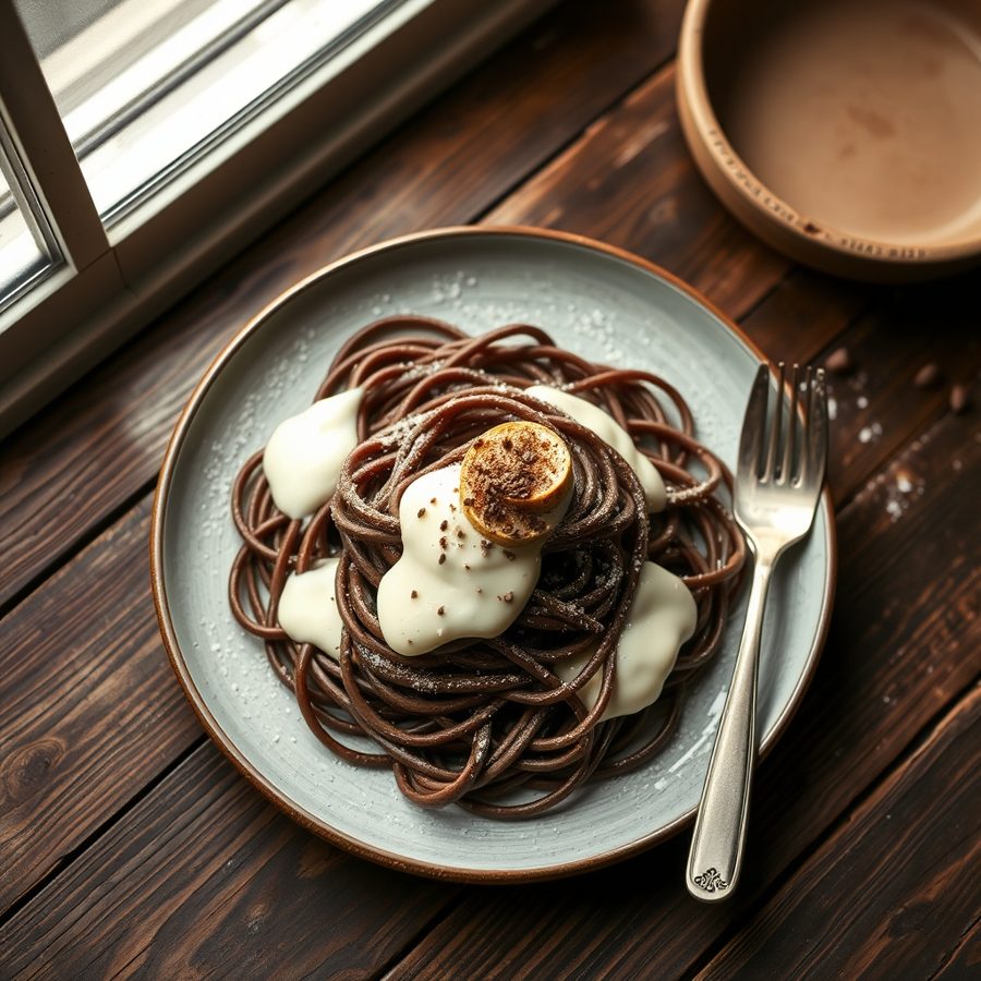 Chocolate Noodles with Vanilla Sauce
