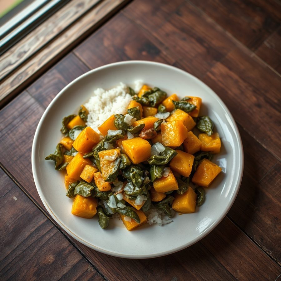 Isombe na Kariyo (Cassava Leaves with Pumpkin)