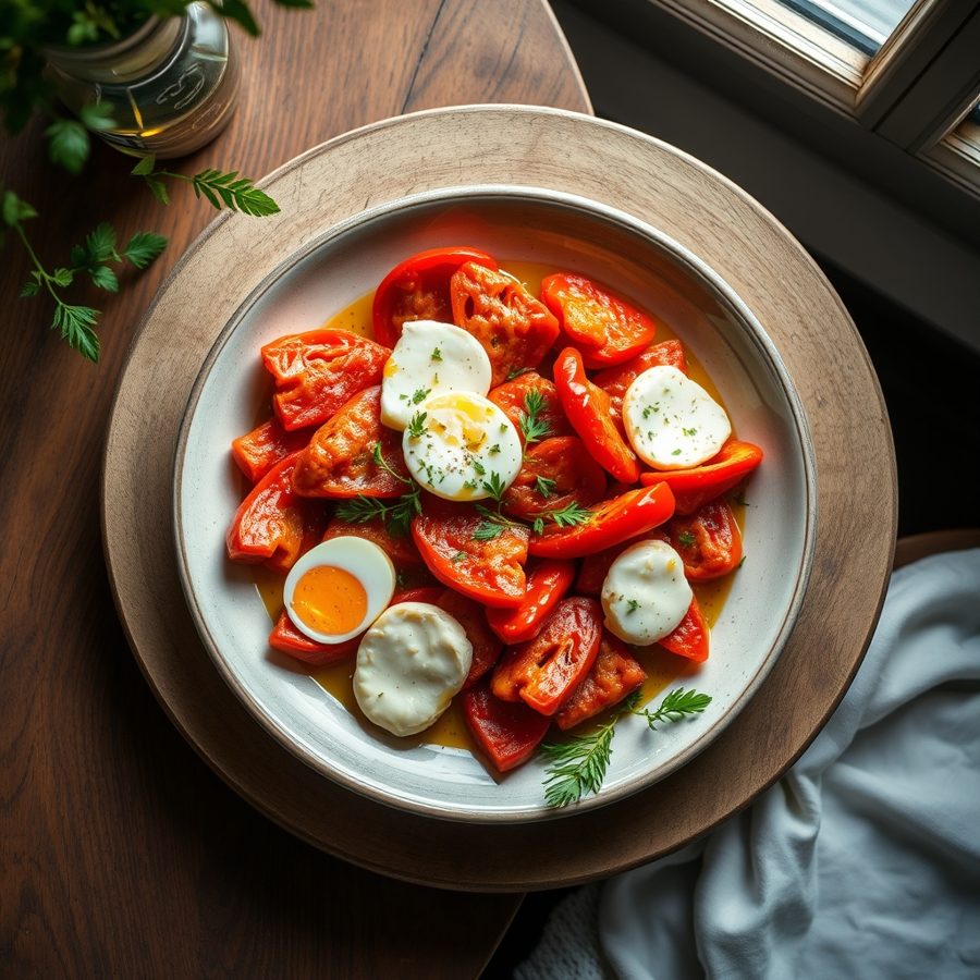 Chushki Byurek (Red Bell Peppers Stuffed with Cheese and Egg)