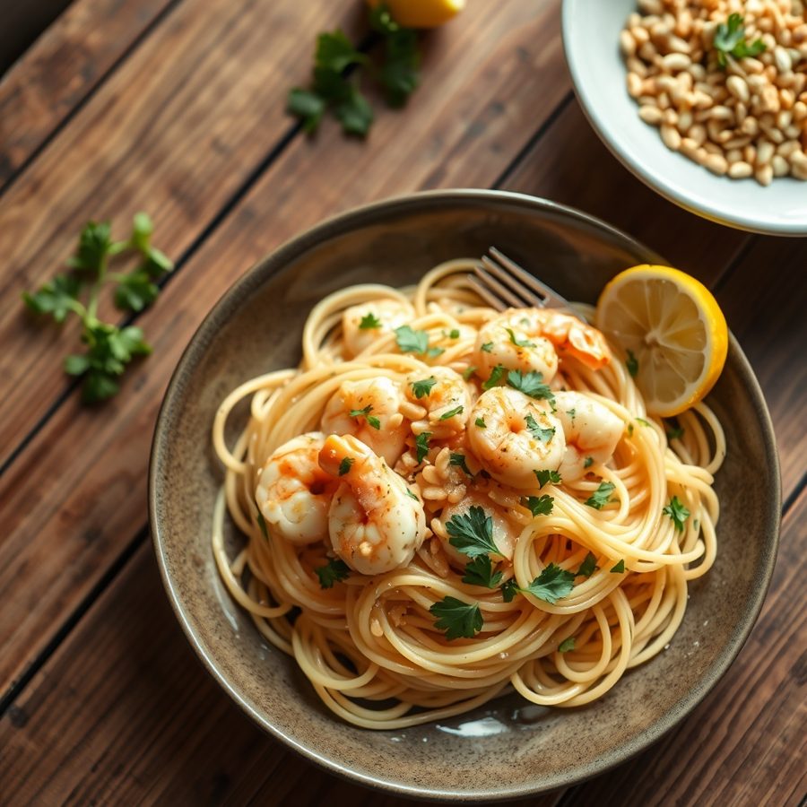 Shrimp Scampi Angel Hair Pasta with Lemon and Pine Nuts