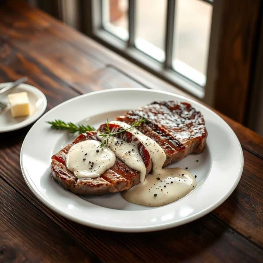 Strip Steaks with Pepper Cream Reduction